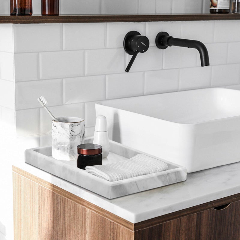 MULWR Marble Bathroom Tray Pure Natural Marble Vanity Tray Marble Tray for Kitchen Counter Non-Ceramic/Non-Resin Stone Tray 12 x 8 inch (White) - Image 4